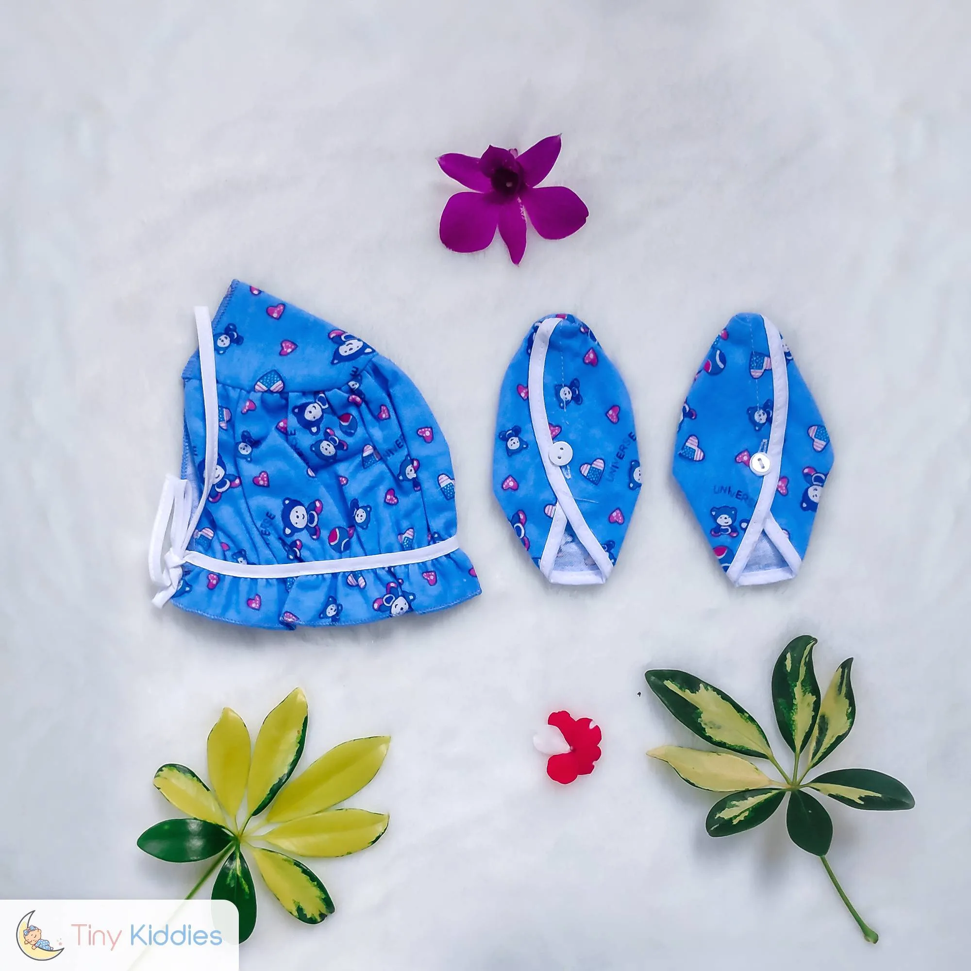 Newborn Baby Flannel Socks & Cap - Blue - Tiny Kiddies - Sri Lanka